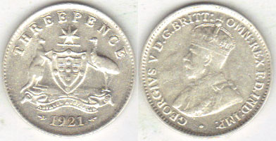 1921 Australia silver Threepence (VF) A000762